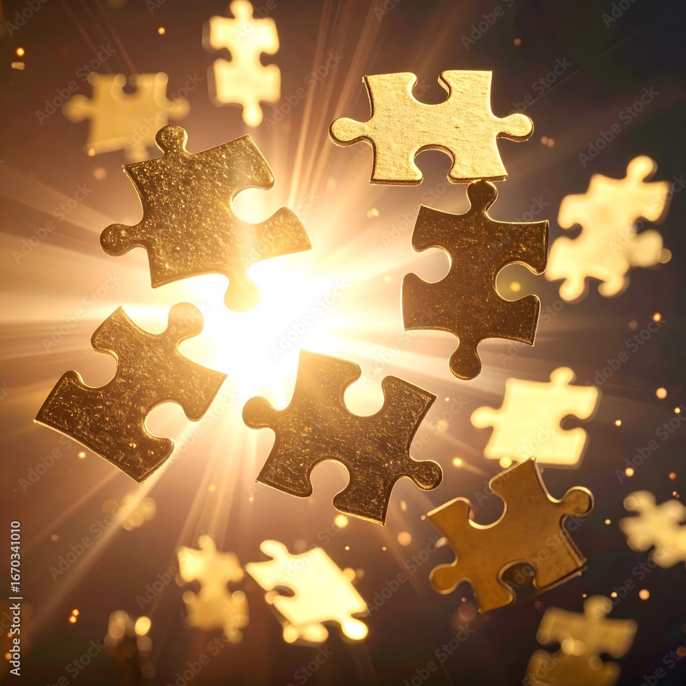 Poster golden puzzle pieces floating around a bright light, symbolizing problem-solving.