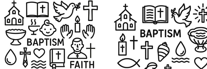 Symbols of baptism showcasing faith through religious icons, churches, and sacred elements