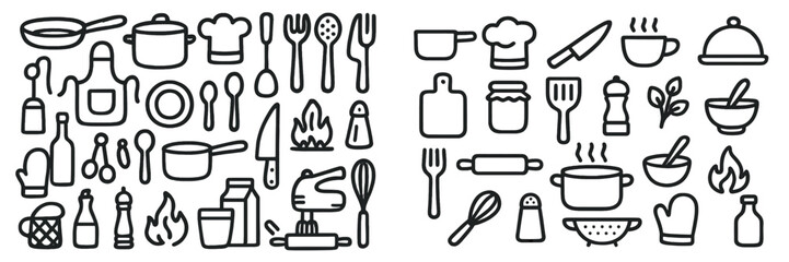Different cooking utensils and food preparation items displayed together in a unique line art style, emphasizing kitchen creativity and tools