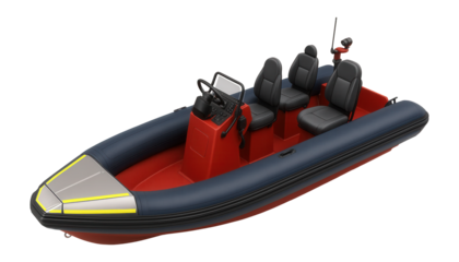 Firefighting RIB (rigid inflatable boat) with reinforced bow and seating