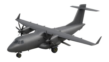 Short take-off military cargo plane with high-lift devices on the wings and a rear ramp
