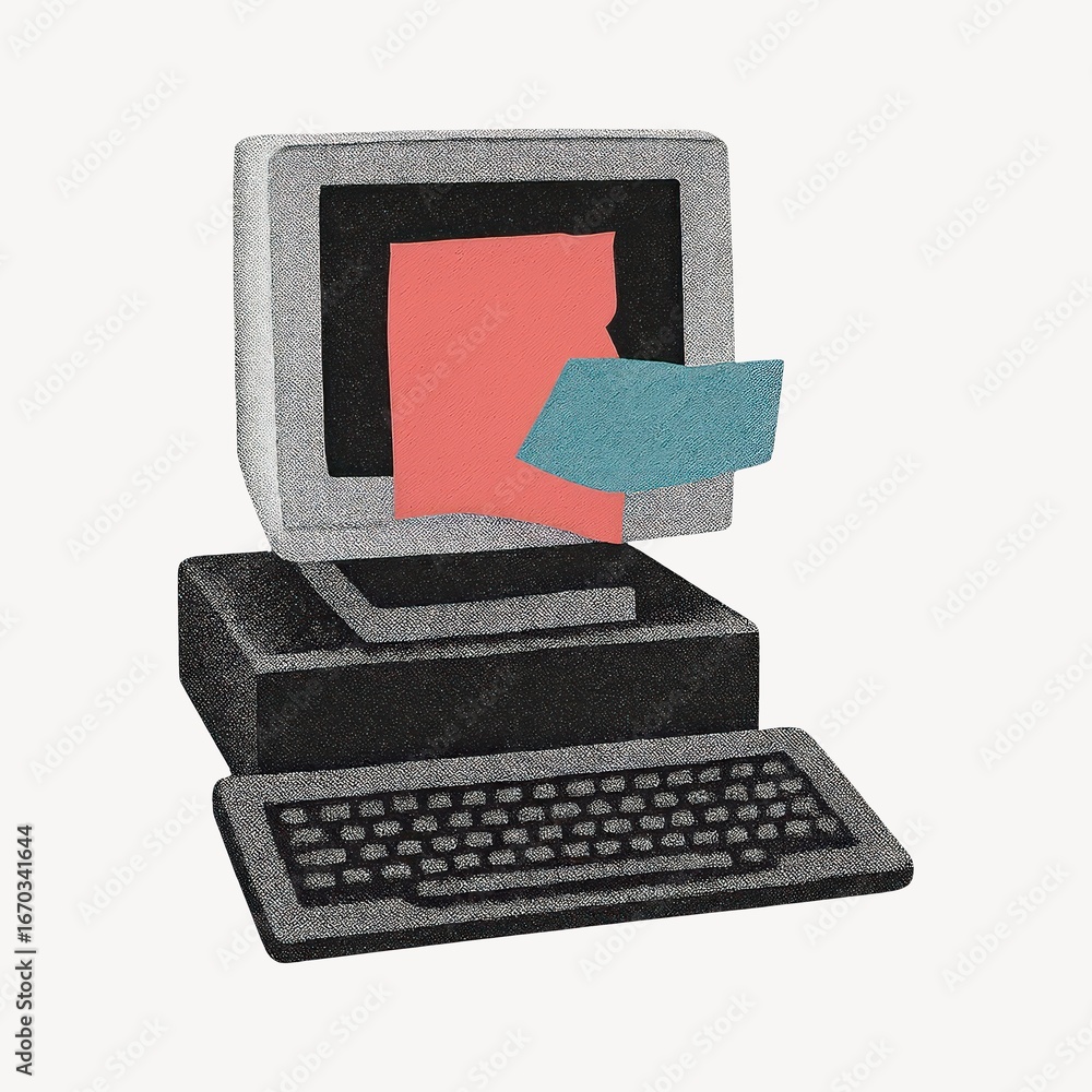 Poster retro computer with colorful notes.
