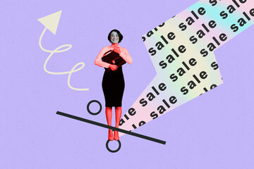 Image 3d full pop trend collage of excited businesswoman hold briefcase sale discount coupon promo...