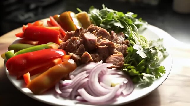 Vibrant dish cooked meat, peppers, red onion, cilantro and pita on white plate