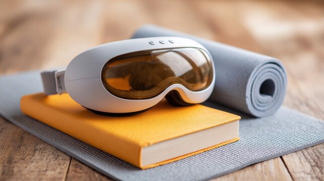 Smart Eye Massagers. Relaxation tools with a yoga mat and an eye mask on a textured surface.