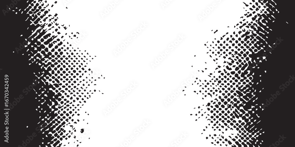 Poster abstract black and white halftone pattern texture with rough edges, isolated on white background