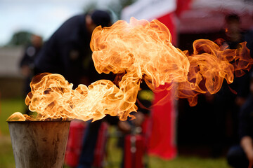 Flame Burst. A dramatic burst of fire from a torch against an outdoor backdrop.