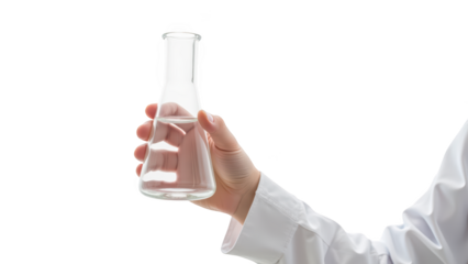 Hand holding glass laboratory flask filled with clear liquid, symbolizing scientific research and experimentation