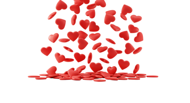 Red heart shapes, various sizes, opaque and translucent, falling on a transparent studio background with copy space, concept of joy and celebration