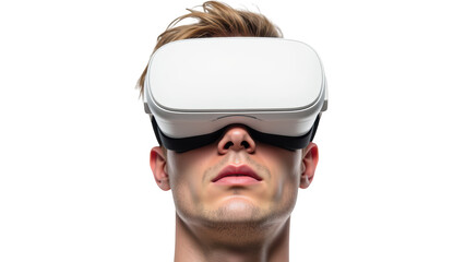 Virtual reality headset worn by person, showcasing advanced technology and immersive experience. individual appears focused and engaged
