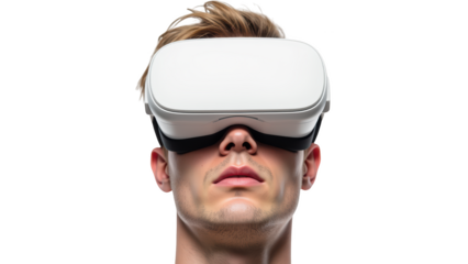 Virtual reality headset worn by person, showcasing advanced technology and immersive experience. individual appears focused and engaged