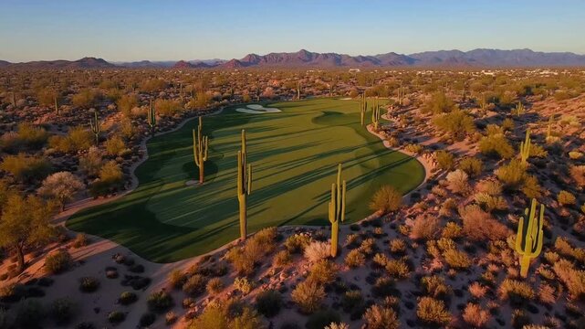 scenic and arid golfing landscape featuring native cacti plants under warm seasonal sun with no players present