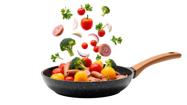 Fresh vegetables and sausages are flying into frying pan, creating vibrant and dynamic cooking scene. colorful ingredients include tomatoes