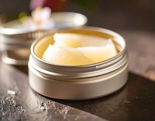 Cream in Silver Container: A close-up shot unveils a metallic silver container filled with a velvety cream. Perfect for conveying luxury, care, and spa ambiance. 