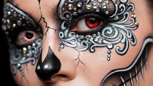 Close-up of face with intricate makeup, rhinestones, decorative swirls, and stylized, colored eyes