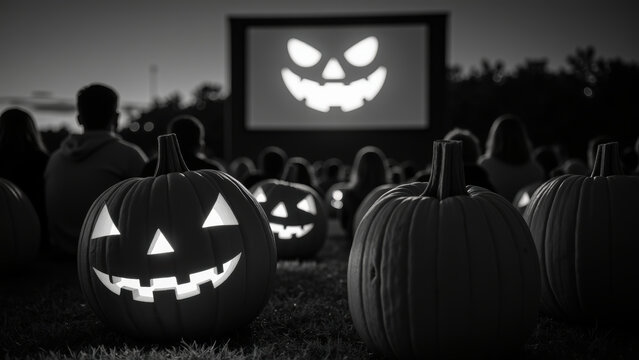 Spooky pumpkins illuminate movie night under stars, creating festive Halloween atmosphere. audience enjoys classic horror film