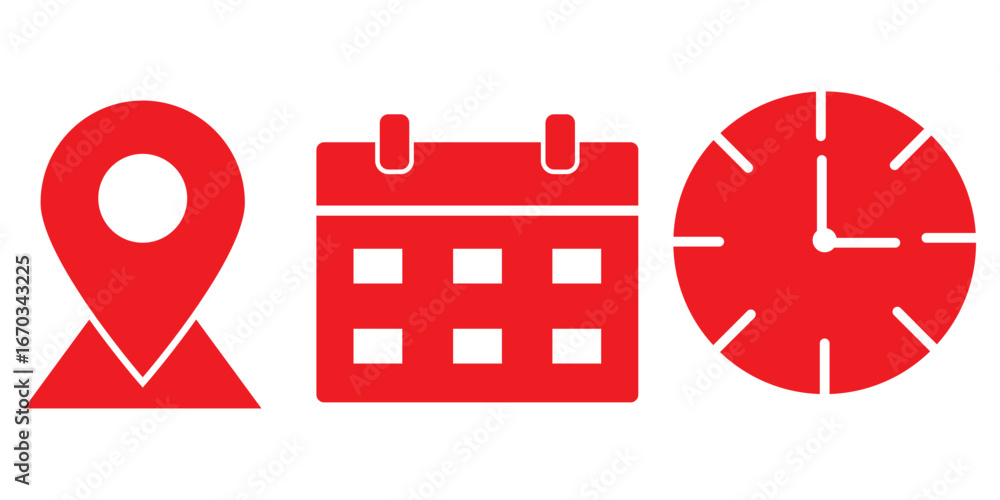 Poster time, date and address or location icons. time, date and address vector collection. calendar, clock 