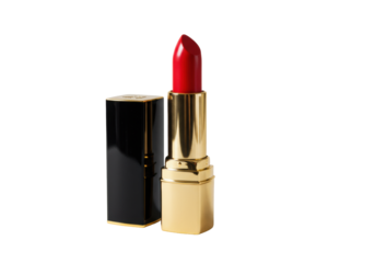 A pristine red lipstick tube with dark black case, gleaming gold base, fully extended, isolated against blurred white background. Sophisticated beauty and self-care concept