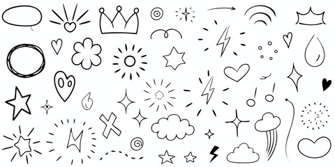 Collection of Hand- Drawn Doodle Elements Including Stars Hearts and Clouds hand-drawn