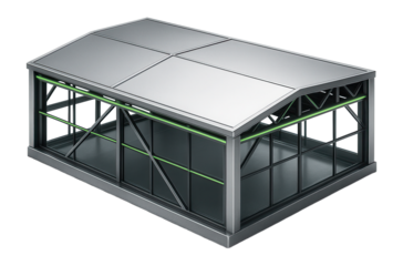 Glass-walled hangar with steel framework and panoramic windows