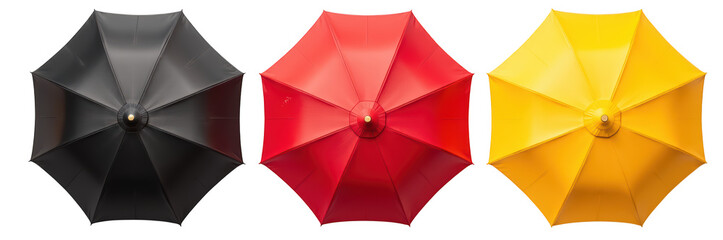 Colorful umbrellas in black, red, and yellow arranged in row, showcasing vibrant designs and materials, perfect for rainy days or sunny outings
