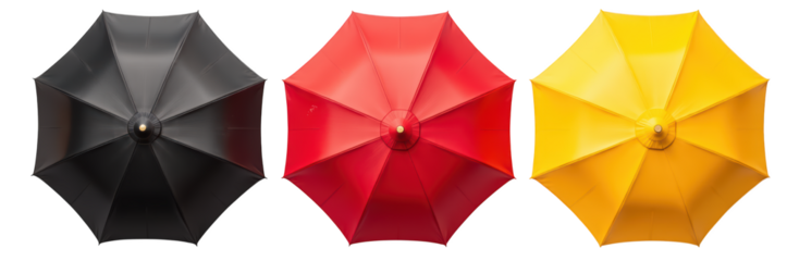 Colorful umbrellas in black, red, and yellow arranged in row, showcasing vibrant designs and materials, perfect for rainy days or sunny outings