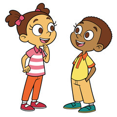 Two cheerful children face each other, smiling and chatting — the girl in pink-and-orange with hair in twin buns, the boy in yellow-and-beige with short curls — capturing a warm, friendly moment.
