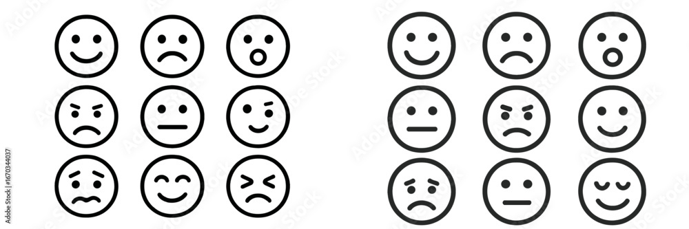 Poster various expressions of emotions displayed in simple black and white circles on a white background