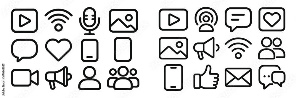 Poster symbols representing various digital communication and media tools used for engagement and interacti