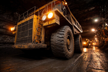 Obraz premium A large yellow truck is driving down a tunnel