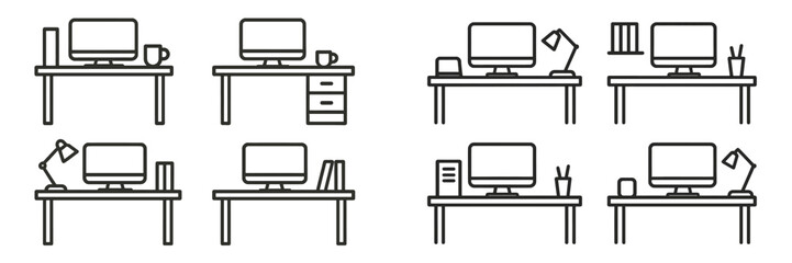 Various desk layouts with computer setups and office supplies for workspace inspiration