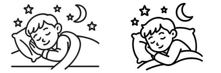 Sleepy children resting peacefully under a starry night sky in simple line art style
