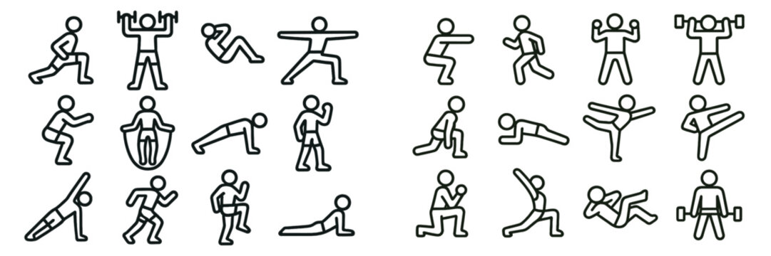 Fitness exercises icon set featuring various activities including weightlifting, yoga, and cardio for workout enthusiasts
