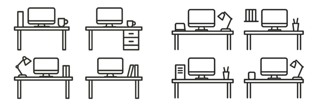 Various desk layouts with computer setups and office supplies for workspace inspiration
