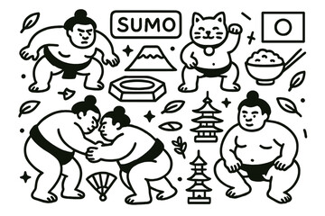 Sumo wrestling illustrations showcasing traditional Japanese culture with symbolic elements like Mount Fuji and a cat