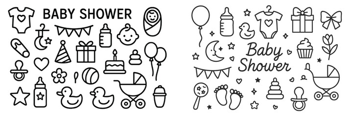 Celebration of new life with baby shower decorations featuring cute illustrations and playful elements