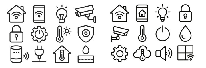 Various icons depicting smart home technology, security systems, and energy management tools