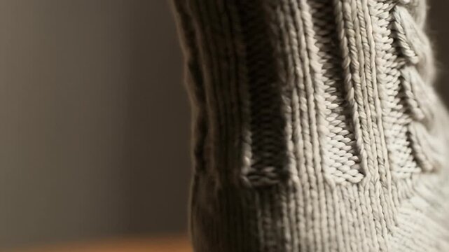 A close up image shows a gray knitted fabric with a repeating rope pattern texture