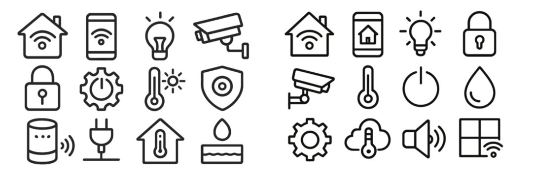 Various icons depicting smart home technology, security systems, and energy management tools