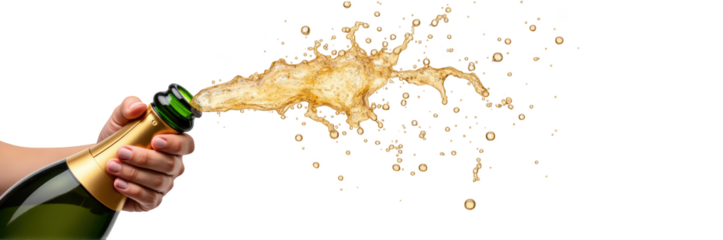 Champagne bottle being opened, with sparkling liquid splashing out, celebrating joyful moment