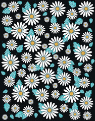 White daisies with blue leaves on black background floral pattern