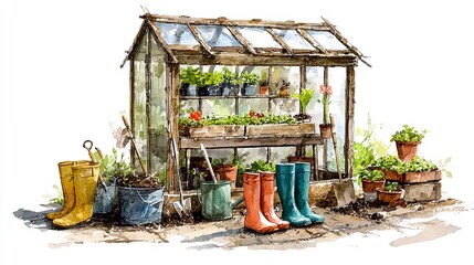 Green Rubber Boots and Flowers on Wooden Deck