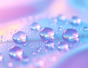 Water Drops on a Pastel Canvas: A close-up shot of water droplets resting on a surface, illuminated in soft pastel colors, creating a sense of purity and serene beauty.