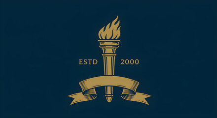 Elegant torch logo design with ribbon banner, ideal for branding and established businesses, 2000