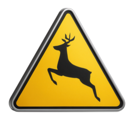 Triangular animal crossing sign with yellow background and black deer icon