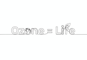 A continuous line drawing depicts "Ozone = Life" with the Earth replacing the 'o' in Ozone and a leaf replacing the 'i' in Life.