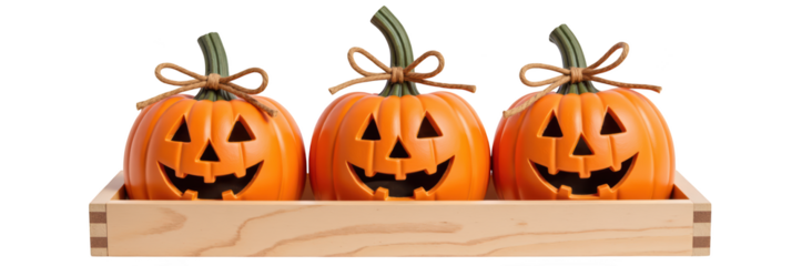 Three cheerful jack o lanterns with smiling faces are arranged in wooden tray, perfect for Halloween decorations
