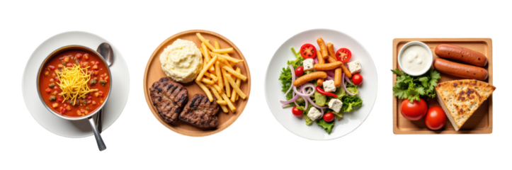 Delicious meal assortment featuring chili, steak, fries, salad, sausages, and pizza, perfect for hearty dining experience