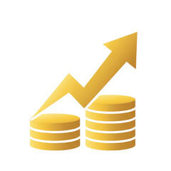 Golden coins with upward trending arrow isolated on transparent background