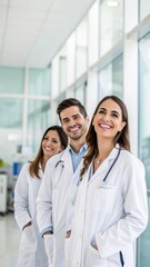 Smiling Medical Team in Modern Hospital Corridor